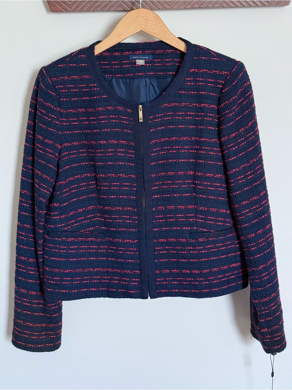Tommy Hilfiger NWOT Navy Red Zipper Front Collarless Tweed Blazer Jacket Size 16